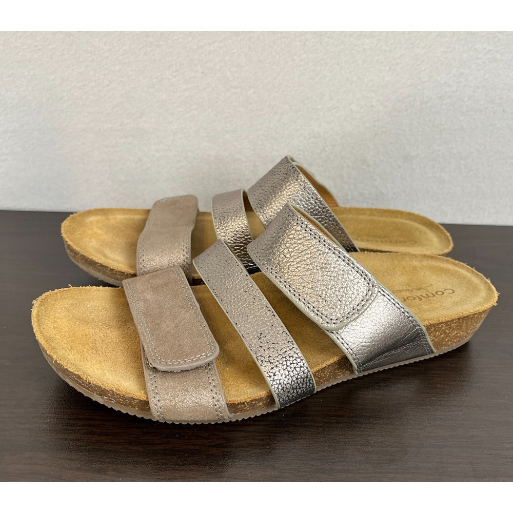 COMFORTIVA Womens 9.5 GEMINA‎ Leather Slip-On Sandals Metallic Silver Cork Wedge